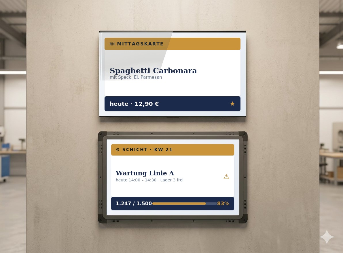 BildRegie im Einsatz: Mittagskarten-Display und Industrie-Schichtplan an einer Werkstattwand