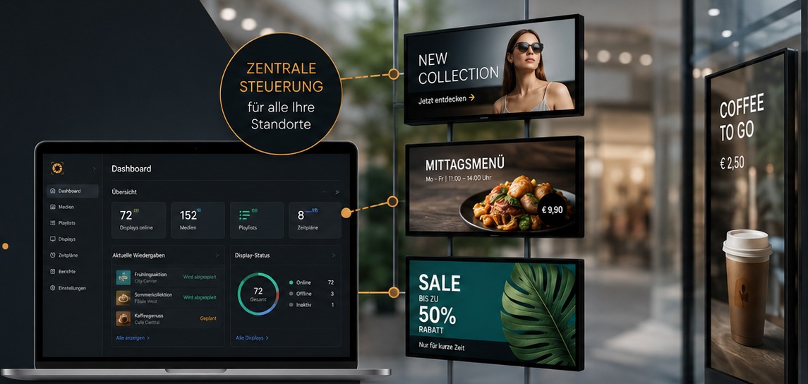 BildRegie-Dashboard steuert mehrere Displays mit Aktionen, Menüs und Infos